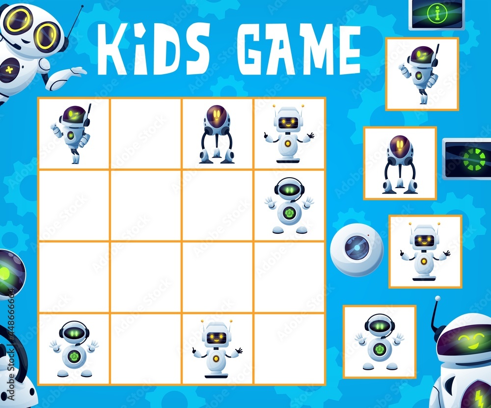 Poster robots sudoku game. kids maze, logical riddle or educational puzzle, rebus for children with cute ro