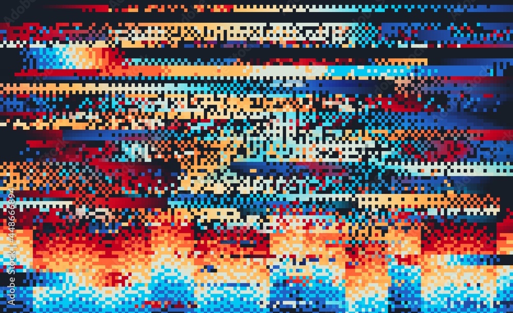 Poster Screen error glitch distortion and digital rainbow pixel noise, vector background. TV screen with glitch or digital video distortion error and rainbow pixels noise pattern on grunge background