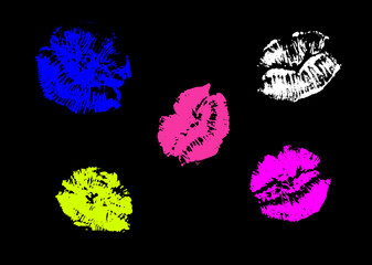 Lip marks brush set of five. Lipstick marks vector set. 5 kisses element pack.