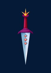 Magical wizard steel dagger blade. Medieval vector knight magic sword. Cartoon warrior weapon, knife with spiked hilt. Cold steel arms with precious gems decor. Ui design element, computer game asset