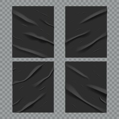 Black glued wet posters with wrinkled and crumpled paper texture, vector. Black posters glued with wrinkles, adhesive paper with glue effect on wall background, realistic folds and crumples