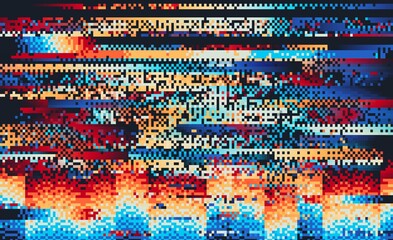 Screen error glitch distortion and digital rainbow pixel noise, vector background. TV screen with glitch or digital video distortion error and rainbow pixels noise pattern on grunge background