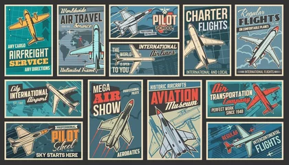 Wandaufkleber Aviation and modern air transport retro posters set. Airfreight service, pilot school and air travel, charter flights, aviation museum and show, airport banners. Military and passenger planes vector © Vector Tradition