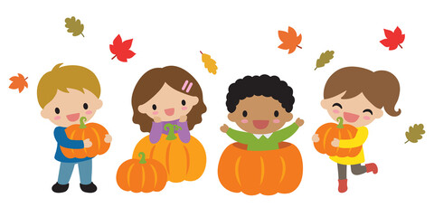 Cute kids picking Halloween pumpkins in fall season vector illustration.
