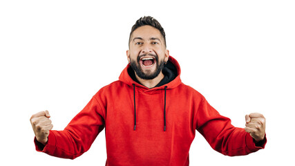 red sweatshirt man celebrating with arms white background