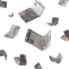 Brazilian Money 200 Reais Bills falling on Green background