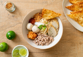 spicy egg noodles with fish balls and shrimp balls without soup
