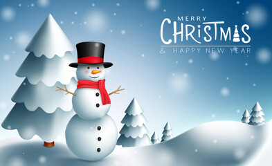 Christmas snowman vector design. Merry christmas greeting text with snowman character and fir tree element in snowy outdoor background for xmas holiday season celebration. Vector illustration
