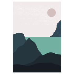 minimalist landscape abstract contemporary collages, mountains sea moon wall art poster design, flat landscape inspiration vector.