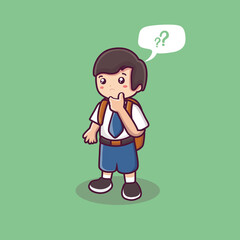 a male student who is thinking. a cute schoolboy vector. back to school background. cartoon confused expression. boy wearing uniform in shcool