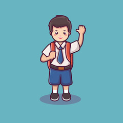 a male student wearing a bag and waving. a cute schoolboy vector. back to school background.  boy in school uniform
