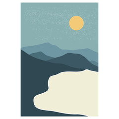Minimalist landscape design, poster mountains lake full moon inspiration vector, landscape abstract contemporary collages vector,