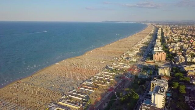 Panorama Of Beach of the Romagna Riviera with Riccione, Rimini and Cattolica in the Emilia Romagna Region, Italy - aerial drone shot