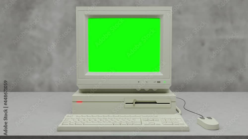 Poster old computer booting and shutting down with glitch and green screen 4k