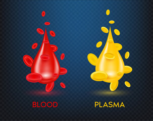 Medical science structure concept of red blood and yellow plasma. Blood cell and its components plasma realistic with 3D vector illustration. On a translucent background. 