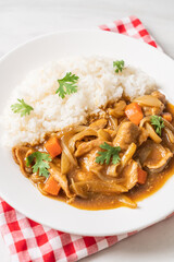 Japanese curry rice with sliced pork, carrot and onions