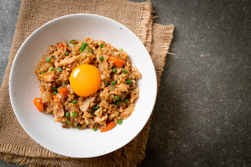 salmon fried rice with pickled egg on top
