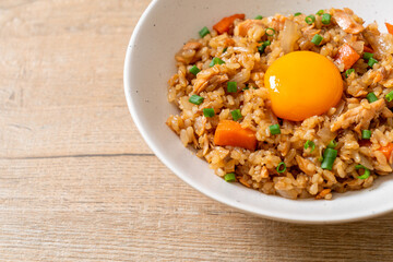 salmon fried rice with pickled egg on top