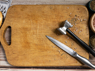 wooden chopping board  and kitchen equipment top view for food concept
