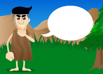 Cartoon prehistoric man thinking. Holding his chin with his hand. Vector illustration of a man from the stone age.