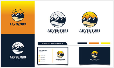 adventure with mountain and sun logo design concept and business card template