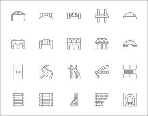 Set of bridge and road line style. It contains such as street, way, path, track, route, navigation, tunnel, transport and other elements.