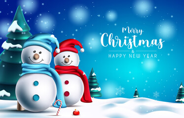 Christmas snowman vector design. Merry christmas greeting text with snow man characters and pine trees element in snowfall outdoor background for xmas holiday celebration. Vector illustration
