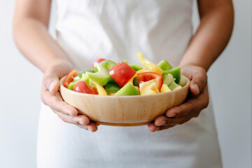 Sweet Pepper Vegetable, Female Hands Chef Holding Bowl of Mixing Sweet Pepper. Woman Hands Holding Salad Bowl During Preparation for Cooking in The Kitchen. Fresh Sweet Peppers Vegetables for Healthy