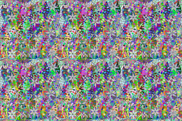 Seamless pattern with interesting doodles on colorfil background. Pano. Raster illustration.