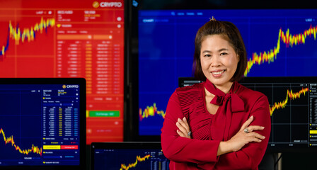 Asian female successful professional broker trader investor stand smile crossed arm look at camera...