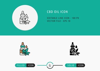 CBD oil icons set editable stroke vector illustration. Cannabis liquid drop symbol. Icon line style on isolated background for ui mobile app, web design, and presentation.