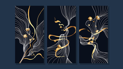 Luxury gold wallpaper.  Black and golden background. Grunge wall art design with golden line art abstract wave. Modern art mural wallpaper. Vector illustration. © TWINS DESIGN STUDIO