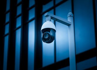  Security surveillance cameras in front of high-rise business district buildings, Shanghai