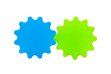 Educational children's toy, blue and green gear wheel on a white background, isolated image