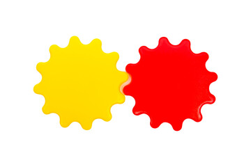 Educational children's toy, yellow and red gear on a white background, isolated image