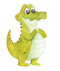 A crocodile drawn in watercolor. Cute illustration. Crocodile on a white background, for decorating a children's room. Sticker. An alligator.