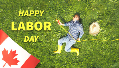 Man on lawn background. Top view. Labor day holiday concept.