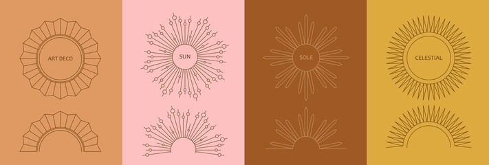 Linear art deco sun symbols. Boho modern minimalist style mirror, frame. Design elements for decoration, logo,