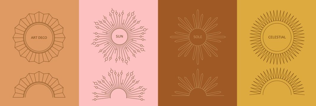 Linear art deco sun symbols. Boho modern minimalist style mirror, frame. Design elements for decoration, logo,