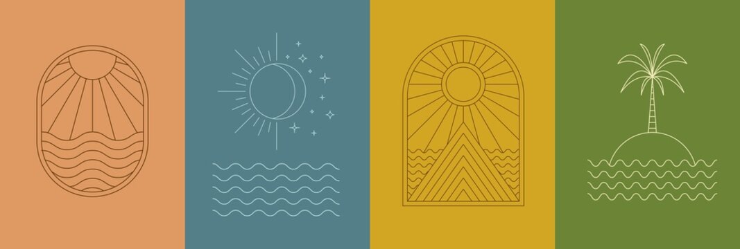 Linear art sun, moon, sea, island mountain, palm. Boho modern minimalist style landscape