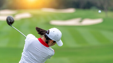 Professional woman golfer teeing golf in golf tournament competition at golf course for winner.