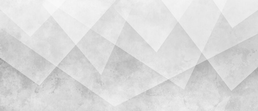 modern abstract white background design with layers of textured white transparent material in triangle diamond and squares shapes in random geometric pattern with grunge watercolor texture