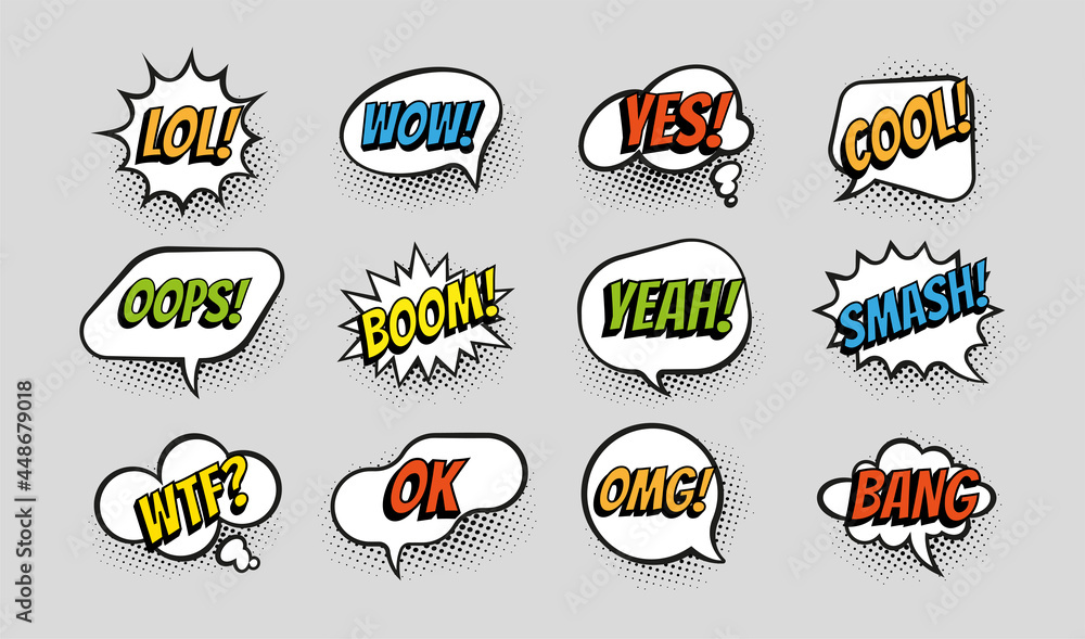 Poster comic bubble. pop style communication balloons. dialog elements with text and graphic art. boom and 