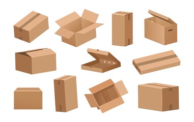 Cardboard box. Cartoon 3D delivery packages and parcels for shipping or transportation. Brown opened and closed recycling paper containers mockup. Vector empty storage packaging set