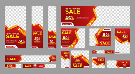 
Set of furniture sale web banners of standard size with a place for photos. Vertical, horizontal and square template. Vector illustration EPS 10