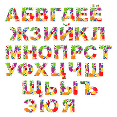 All vector Russian alphabet made of ripe fruits in a large set. An illustration on the theme of the alphabet.