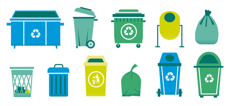 Trash can. Containers for glass organic and paper garbage. Metal waste bins and plastic rubbish bags. Isolated buckets for sorting recyclable litter. Vector blue and green dustbins set