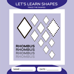 Rhombus. Basic geometric shapes. Elements for children. Learn Shapes. Handwriting practice. Trace and write. Educational children game. Kids activity printable sheet. Purple Background.
