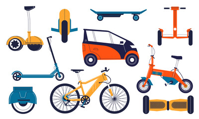 Electric transport. Cartoon personal electrical vehicles. Balanced monowheel and gyroscooter. Isolated bicycle or ecological automobile. Hoverboard and electro-scooter. Vector bikes set