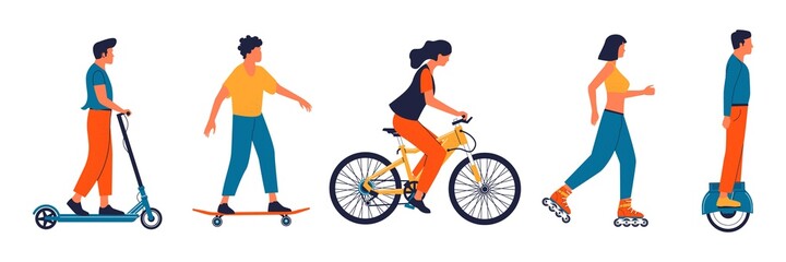People with transport. Characters riding on bicycle and scooter. Cute woman roller skating. Man on hoverboard. Boy skateboarding. Persons drive personal vehicles. Vector traffic set